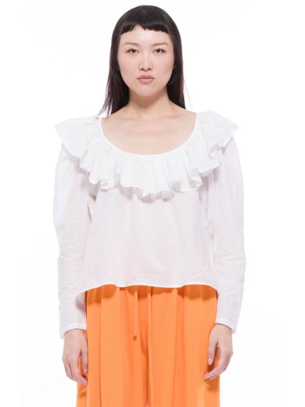 Toit Volant Cynthia Women's White Cotton Ruffle Long Sleeve Blouse Size L